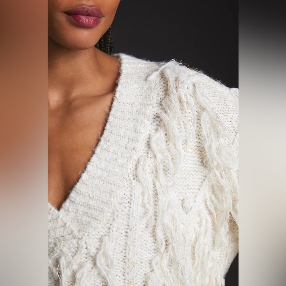 Anthropologie Fringed Pullover Knit Sweater Sequin Fringe in Ivory Large EUC - Picture 3 of 16